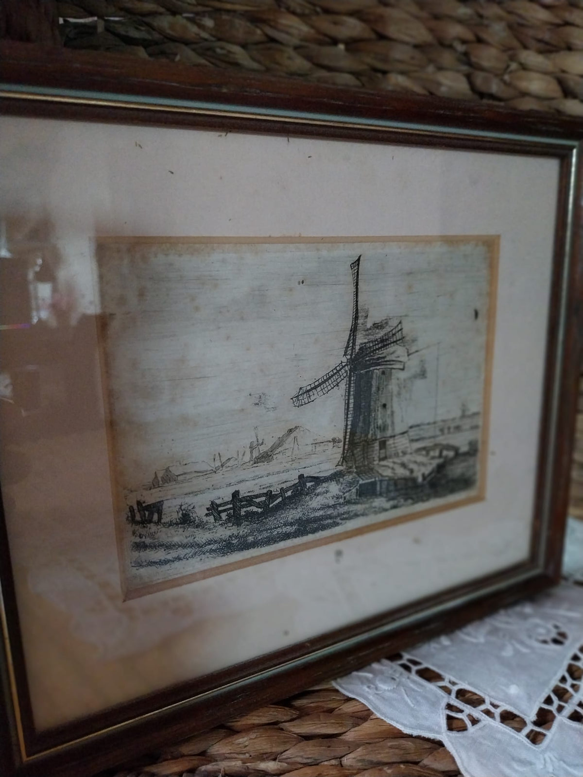 Petite estampe vintage au moulin – paysage champêtre